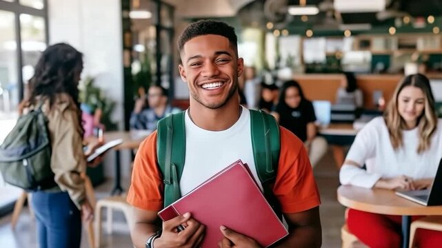 Smiling african young male student in campus study area with diverse peers