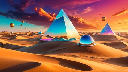 Mirrored Pyramids in Desert Landscape