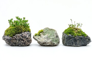 Three rocks, each with a small moss and plant garden, against a white background