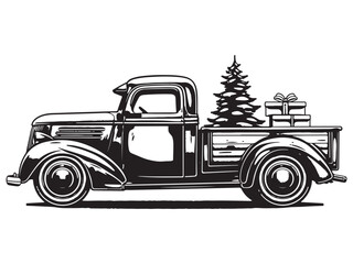 Christmas truck with tree silhouette Vector illustration, Christmas pickup Silhouette