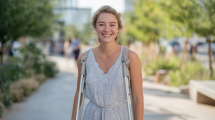 Confident woman on crutches in urban park showing resilience