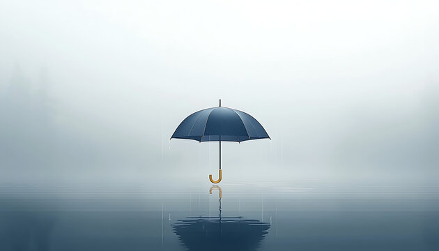 Foggy day with lone umbrella, and reflection.