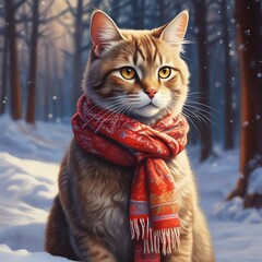 Art illustration: cute cat in a winter warm scarf against a snowy background