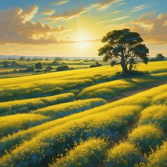 Art illustration: summer morning landscape of blooming field with tree