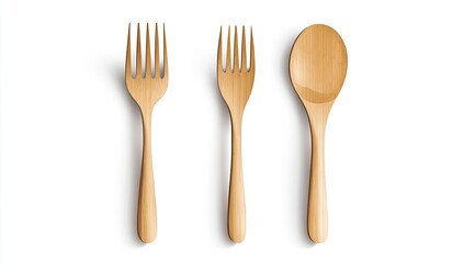 Three wooden utensils?two forks, one spoon?on white