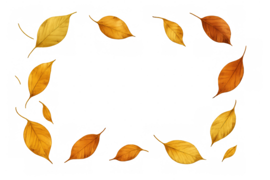 Autumn leaves in warm yellow and orange tones cascading artfully, forming natural decorative border against transparent backdrop