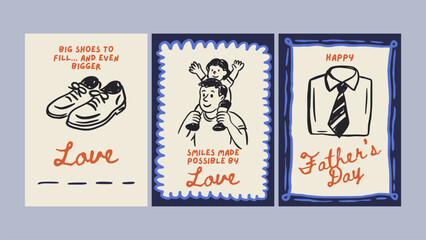 Happy Father's Day Dad Greeting Doodle Sketch Vintage Card Set - Hand Drawn Chalk Poster with Shirt, Child, and Shoes