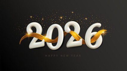 2026 Happy New Year Realistic 3d Number Golden Ribbon Banner Background Greeting Invitation Luxury Card