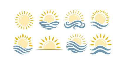 Sun Wave Icon Vector set, Logo Pictogram Light Summer Sea Ocean Beach Vacation Weather Symbol