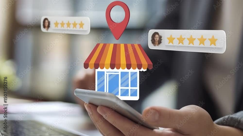 Poster person using phone with store location pin and star reviews above laptop on a desk setting
