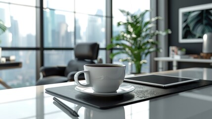 A cup of coffee on a glass table in a chic office, in a white and gray color scheme, accompanied by an elegant tablet and stylus against a large window and a green plant.