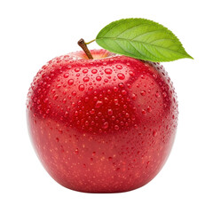Red apple with water droplets and leaf on black background