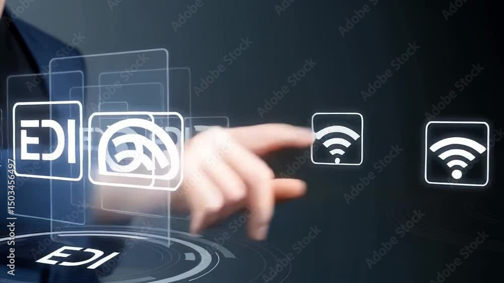 Poster Man in a suit touching edi interface with digital icons and a futuristic interface circle design