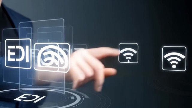 Man in a suit touching edi interface with digital icons and a futuristic interface circle design