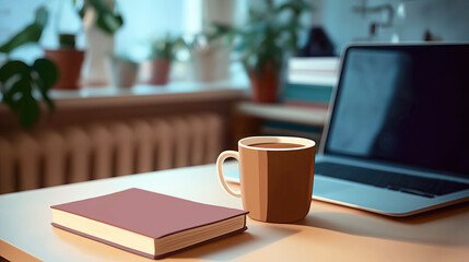 cup of coffee and laptop on home office desk, remote workspace, illustration