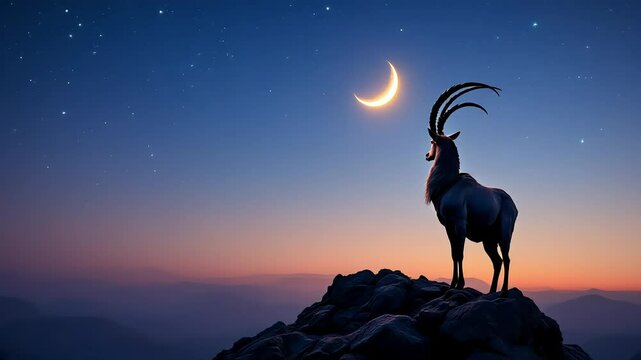 An ibex standing tall on a peak at night, looking out under a sky full of stars and a glowing crescent moon