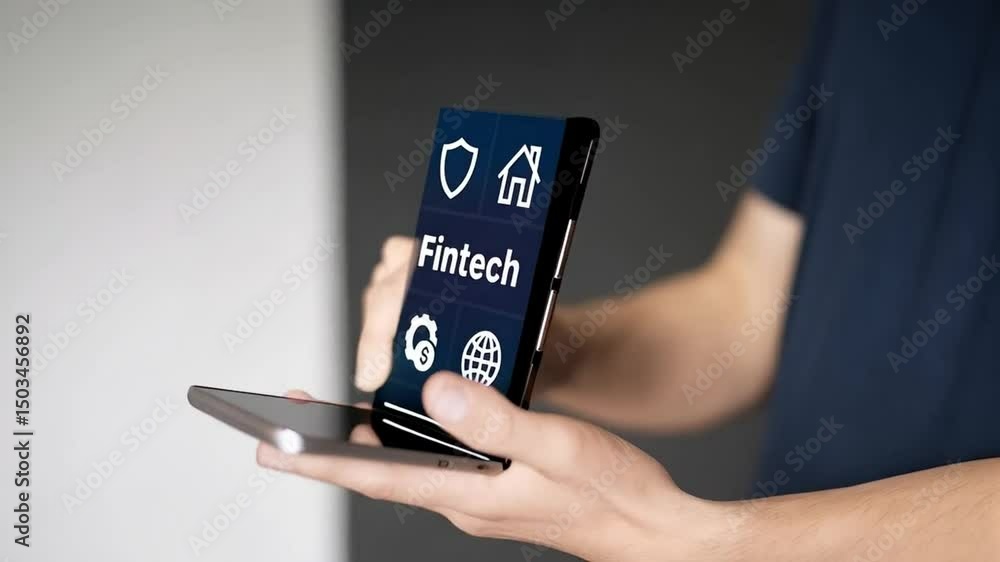 Poster Person holding smartphone displaying fintech interface with icons and text in the center area