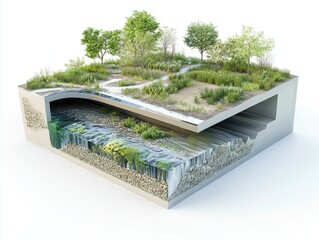 3D concept of an urban-edge smart wetland buffer, displaying stormwater intake zones, layered plant filtration, biodiversity support structures, and overflow basins, isolated on white.