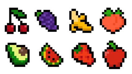 Colorful vector illustration set of 8 pixelated fruits in retro 8-bit style, including cherry, grapes, banana, peach, avocado, watermelon, strawberry, and apple. Ideal for games, mobile apps, and