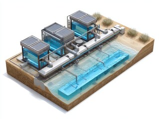 3D visualization of a solar-powered coastal desalination unit, showing evaporation chambers, condensation mechanics, and clean water output flow, cutaway view on white.