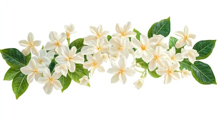 Obraz premium Delicate cream-colored flowers and lush leaves arranged in a horizontal banner against a white background