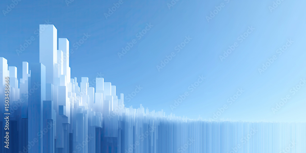 Poster abstract cityscape silhouette morphing into data lines and geometric blocks