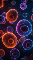 Colorful bacteria and viruses under microscope on glass slide