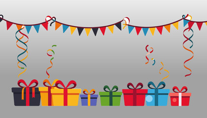 Colorful-Celebration-Background-with-Gifts-and-Bunting-Festive-Party-Decorations-for-Birthday-Holiday-Events-Joyful-Celebration-Design-Presents-Garland-Confetti