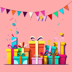 Colorful-Gift-Boxes-with-Ribbons-Festive-Celebration-Background-Ideal-for-Birthday-Party-or-Holiday-Promotion-Celebrate-with-Gifts-Confetti-and-Bunting-Decorations