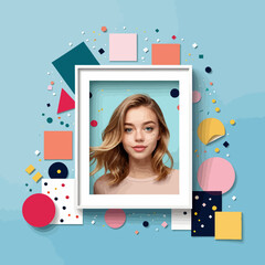 Framed-Portrait-of-a-Blonde-Woman-on-Colorful-Geometric-Background-Trendy-Modern-Art-Illustration-Girl-with-Blue-Eyes-in-White-Frame-Stylish-Wall-Decor-Artistic-Design