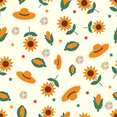 Seamless pattern with sunflowers, corn cobs, straw hats and festive fireworks. A cheerful rural-themed design for autumn festivals, harvest celebrations or farm-style packaging