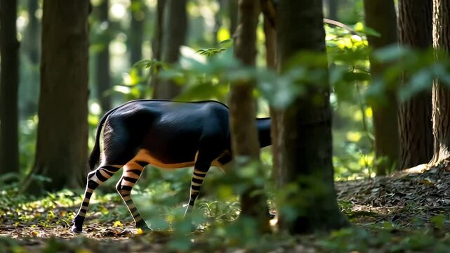  An okapi moving cautiously through the forest, its unique striped legs blending with the shadows of the tall trees and the dense foliage that surrounds it