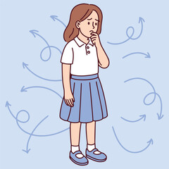 School-aged girl standing with hands on her chin, surrounded by directional arrows representing confusion, choices or indecisiveness. Useful for educational and mental health themes