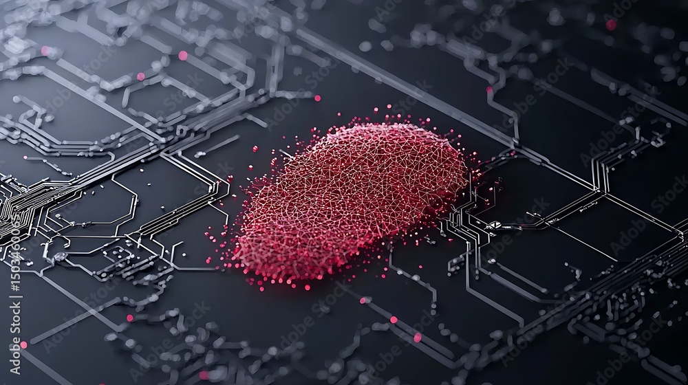 Poster abstract red particle fingerprint on dark circuit board