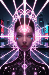 Digital artwork of a futuristic woman with symmetrical neon headpiece and glowing facial designs, set against a cyberpunk city backdrop at night.