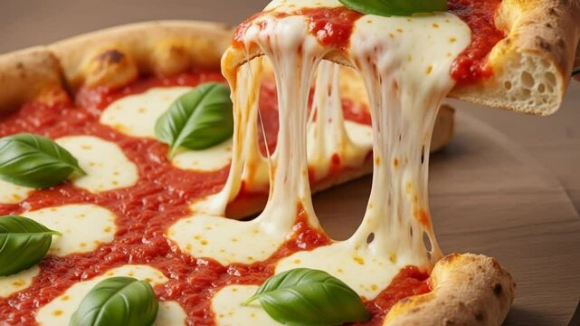 Pizza Margherita slice being pulled with cheese stringing, crispy crust detail