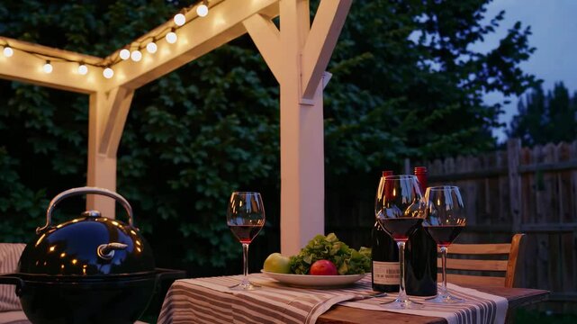 Evening backyard dining under festive lights with grill and wine setup