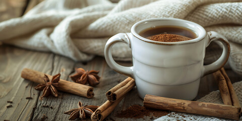 Cozy white mug of coffee on wooden table with spices
