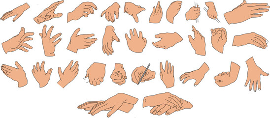 Hand Gestures and Expressions Vector Set – Collection of Diverse Hand Poses, Communication Signs, Signals, and Finger Movements for Design, Animation, and Illustration Projects