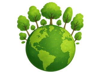 Sustainable earth concept, vibrant green trees atop a stylized globe, symbolizes environmental awareness and eco-friendly initiatives. Isolated on white background or PNG