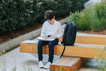 Fototapeta premium Kid Doing Homework in Courtyard on Wooden Bench After School