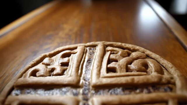 Close up of decorative shortbread cookie, detailed pattern on a wooden table, bakery treat with intricate design and warm lighting