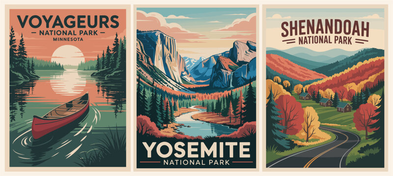 A collection of posters featuring various national parks and mountain ranges. The postcards are arranged in a grid and include Yosemite, Shenandoah, Voyageurs. Vector art illustrations
