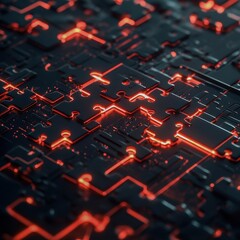 A digital puzzle with glowing pieces coming together in a dark space Focus on the puzzle pieces