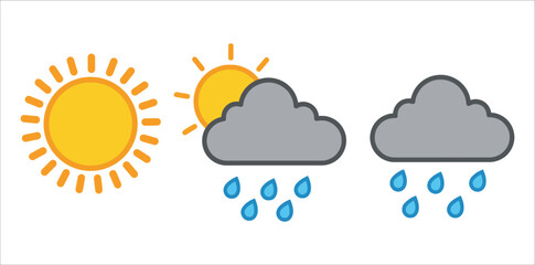 Vibrant Weather Icon Series Featuring Bright Sunny Skies, Partly Cloudy Conditions, and Steady Rainfall for Weather Apps, Educational Tools, and Nature-Inspired Designs