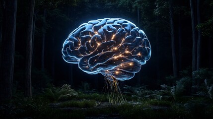 Obraz premium Neural resilience visualized a glowing brain blooming with bioluminescent roots