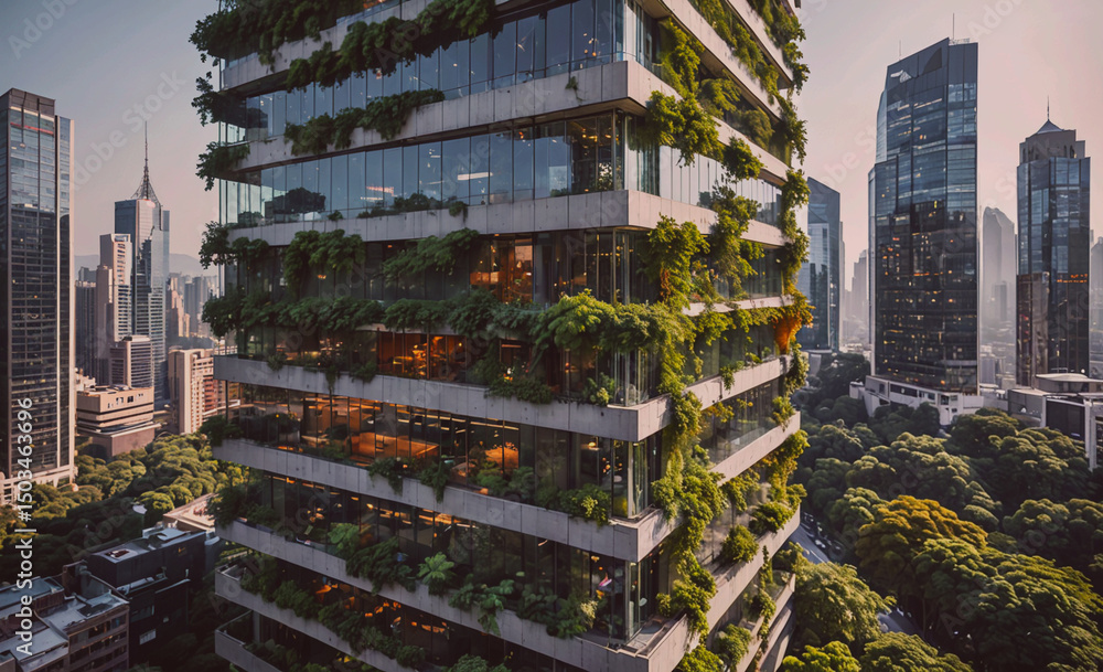 Poster tall building with a green roof and lots of windows. the building is surrounded by trees and is in a