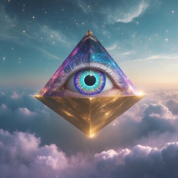 Mystical pyramide with eye in the sky and clouds