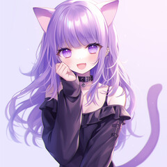 Anime cat girl with purple hair and clothes