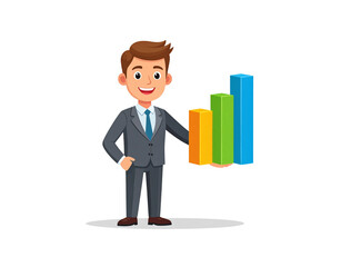 Smiling Businessman Holding Colorful Bar Graph Displaying Positive Growth